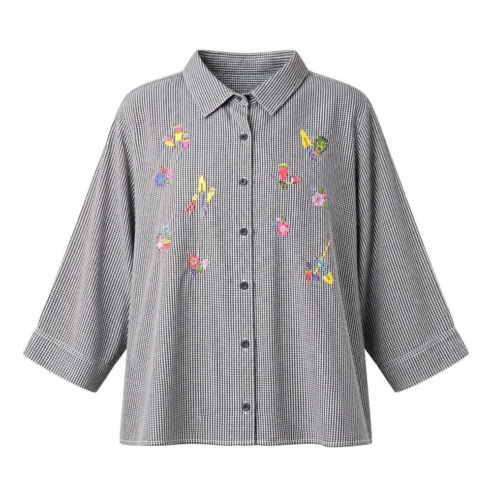 Breckenridge Blouse Womens 2X Black Gingham Embroidered 3/4 Sleeve Cottagecore